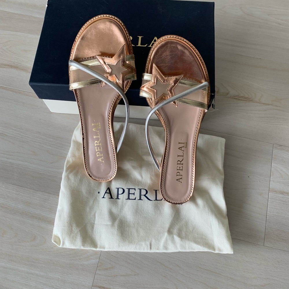 Strappy mini wedge metallic sandal/slides